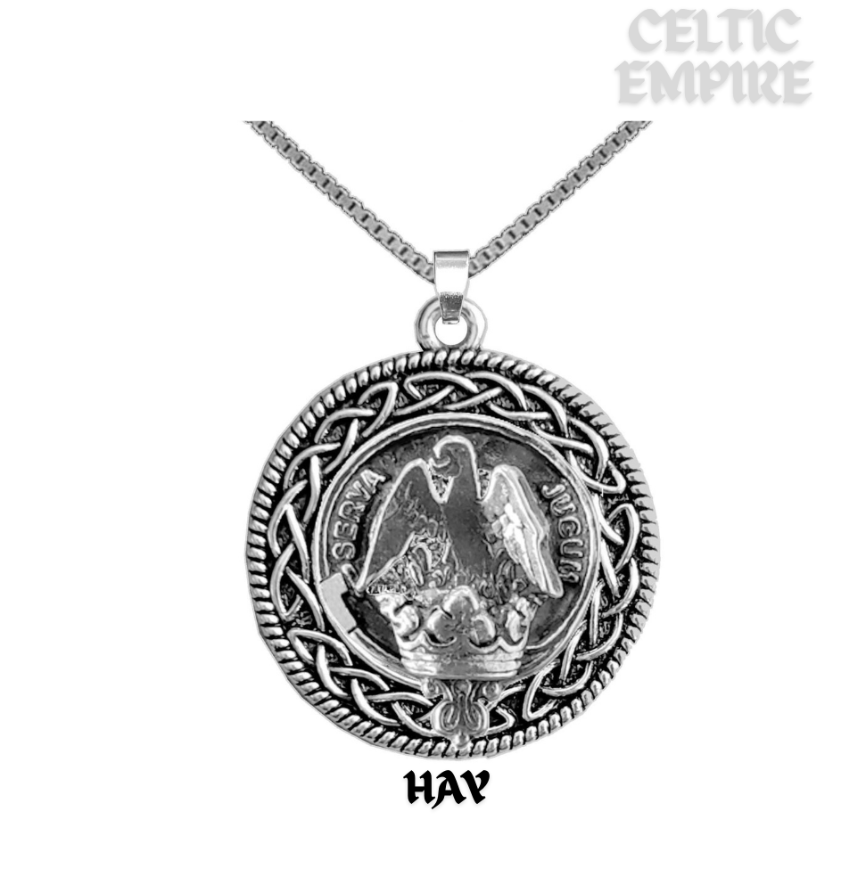 Hay Family Clan Crest Celtic Interlace Disk Pendant, Scottish Family Crest