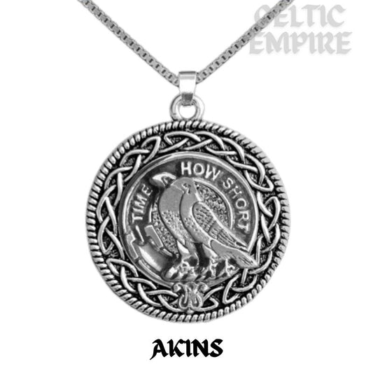 Akins Family Clan Crest Celtic Interlace Disk Pendant, Scottish Family Crest