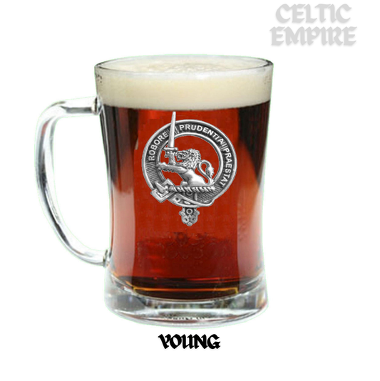 Young Family Clan Crest Badge Glass Beer Mug