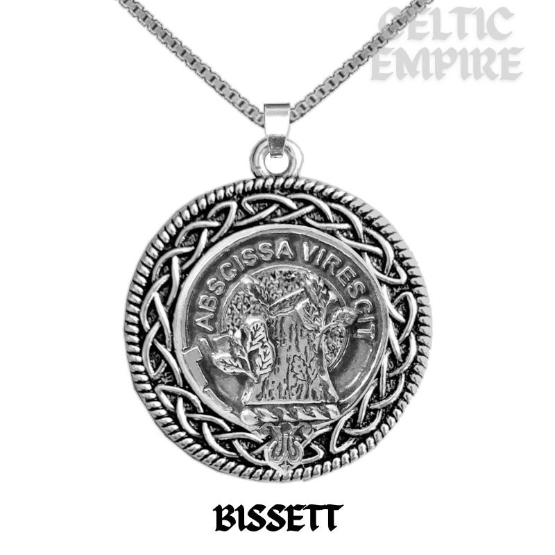 Bisset Family Clan Crest Celtic Interlace Disk Pendant, Scottish Family Crest