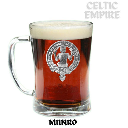 Murray Savage Family Clan Crest Badge Beer Mug, Scottish Glass Tankard