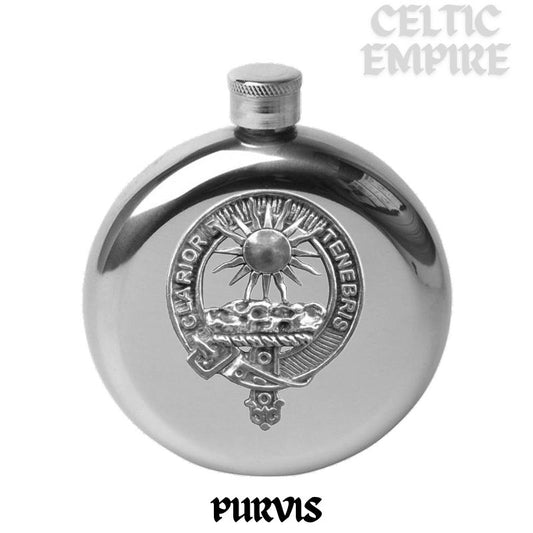 Purves 5 oz Round Family Clan Crest Scottish Badge Flask