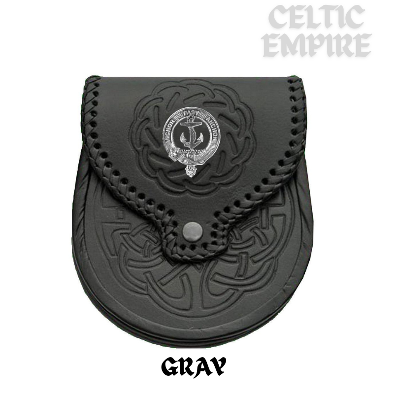 Gray Scottish Family Clan Badge Sporran, Leather
