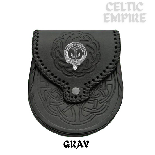 Gray Scottish Family Clan Badge Sporran, Leather