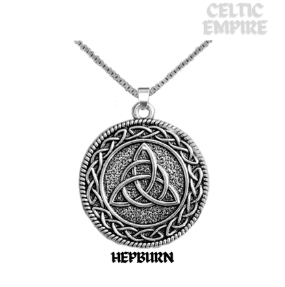 Hepburn Family Clan Crest Celtic Interlace Disk Pendant, Scottish Family Crest