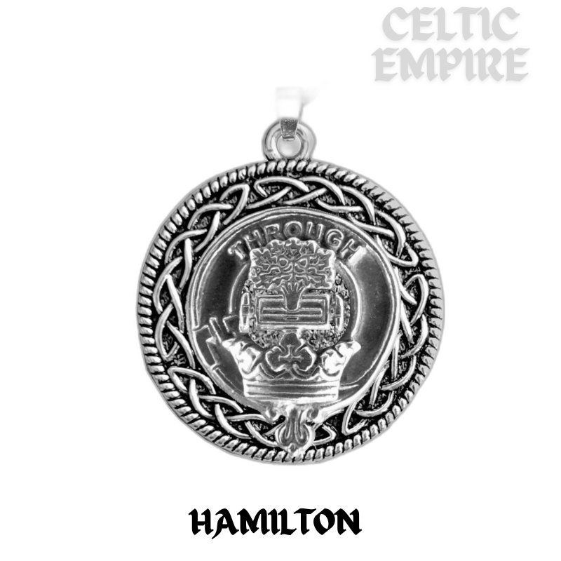 Hamilton Family Clan Crest Celtic Interlace Disk Pendant, Scottish Family Crest