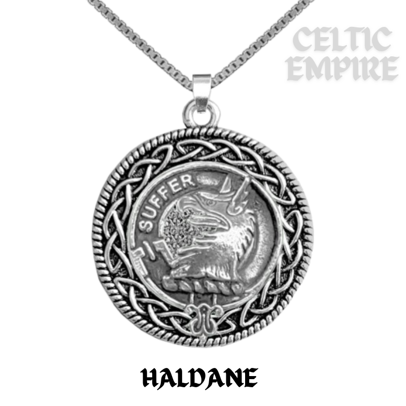 Haldane Family Clan Crest Celtic Interlace Disk Pendant, Scottish Family Crest