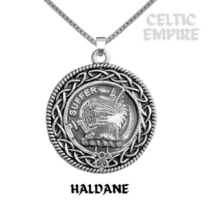 Haldane Family Clan Crest Celtic Interlace Disk Pendant, Scottish Family Crest