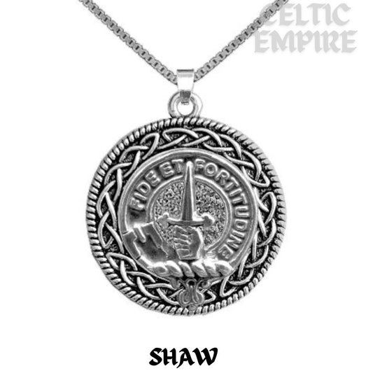 Shaw Family Clan Crest Celtic Interlace Disk Pendant, Scottish Family Crest
