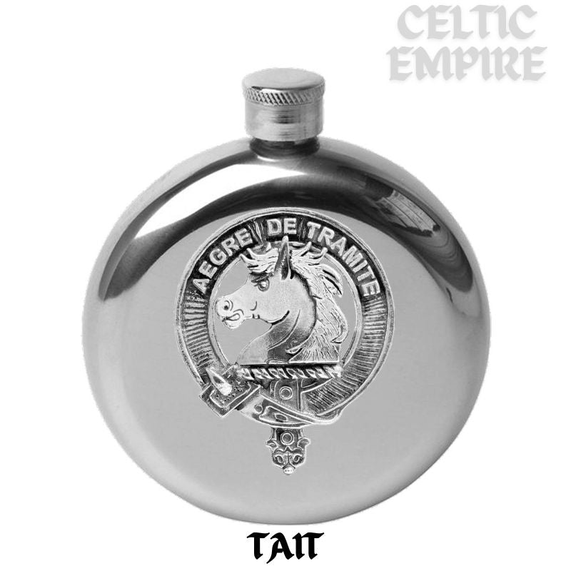 Tait 5 oz Round Family Clan Crest Scottish Badge Flask