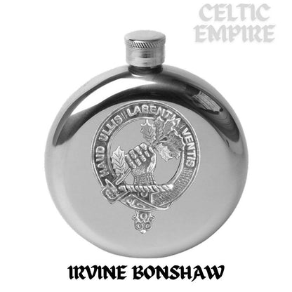 Irvine (Bonshaw) 5oz Round Family Clan Crest Scottish Badge Flask
