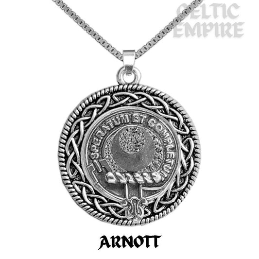Arnott Family Clan Crest Celtic Interlace Disk Pendant, Scottish Family Crest