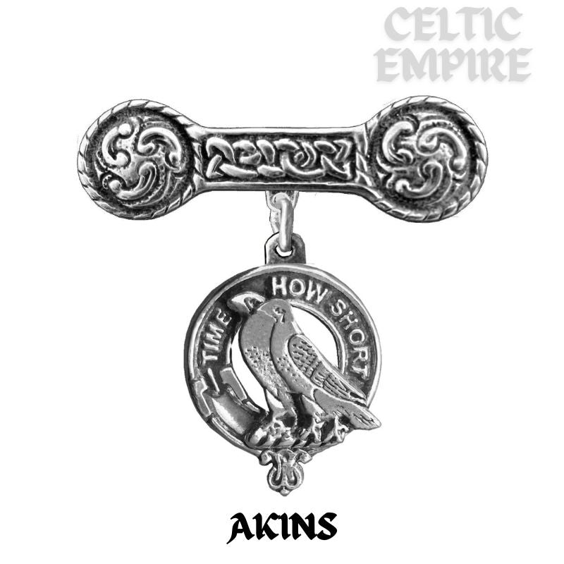 Akins Family Clan Crest Iona Bar Brooch - Sterling Silver