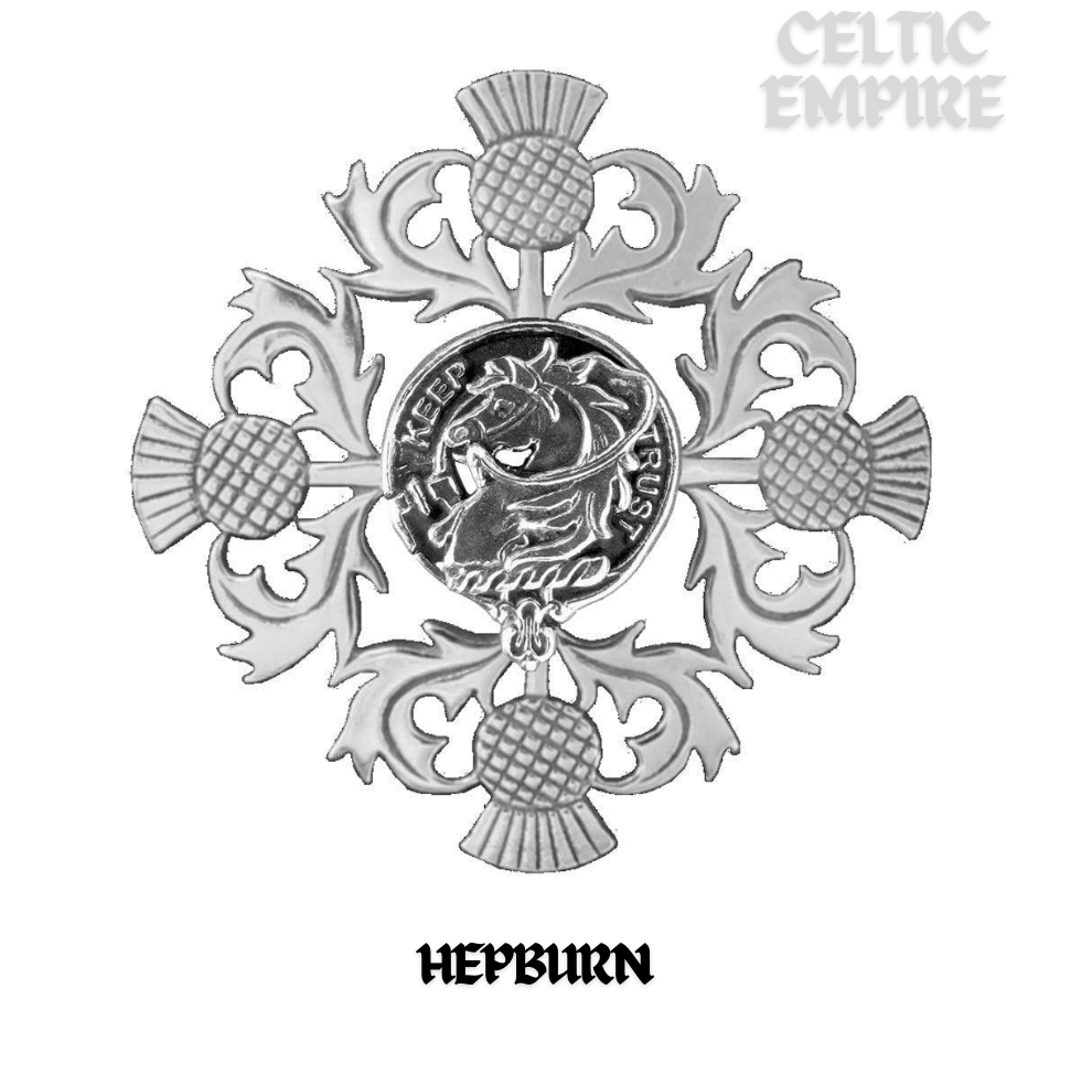 Hepburn Family Clan Crest Scottish Four Thistle Brooch