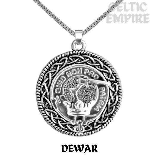 Dewar Family Clan Crest Celtic Interlace Disk Pendant, Scottish Family Crest