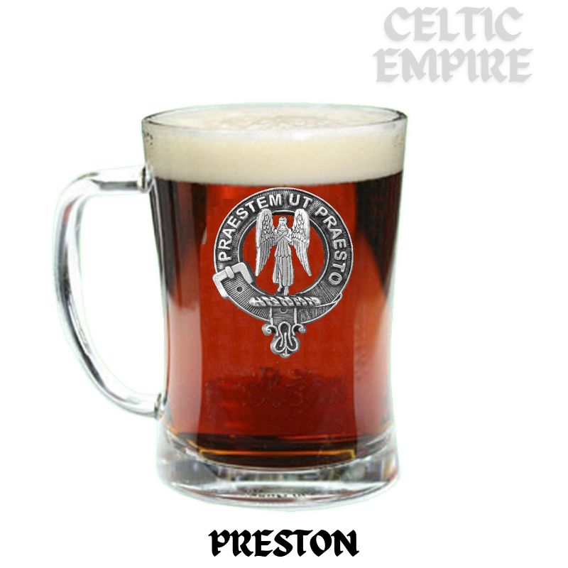 Preston Family Clan Crest Badge Glass Beer Mug