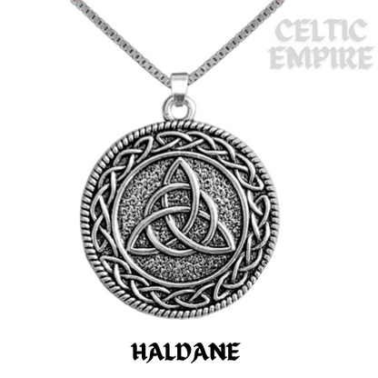 Haldane Family Clan Crest Celtic Interlace Disk Pendant, Scottish Family Crest