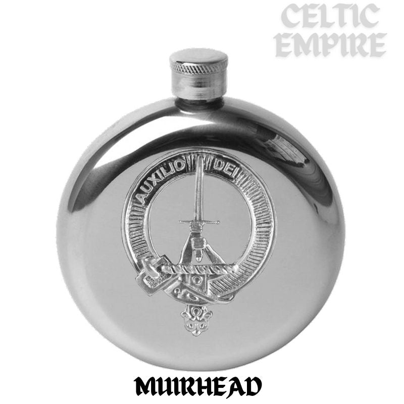 Muirhead 5 oz Round Family Clan Crest Scottish Badge Flask