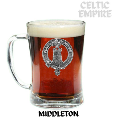 Middleton Family Clan Crest Badge Glass Beer Mug