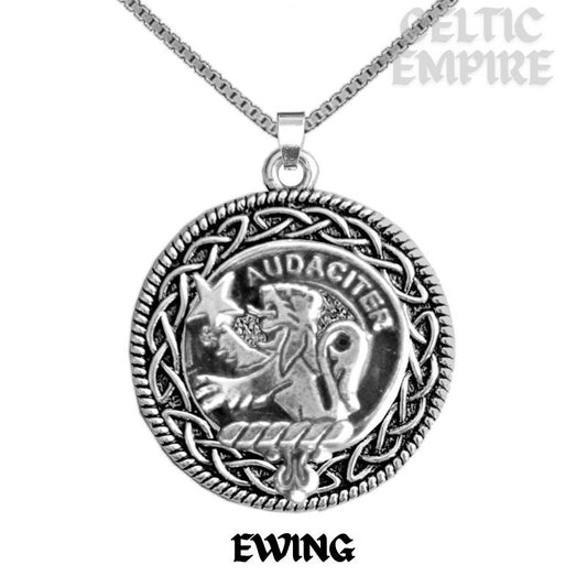 Ewing Family Clan Crest Celtic Interlace Disk Pendant, Scottish Family Crest