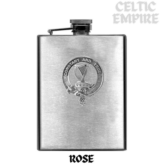 Rose 8oz Family Clan Crest Scottish Badge Stainless Steel Flask