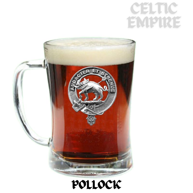 Pollock Family Clan Crest Badge Glass Beer Mug