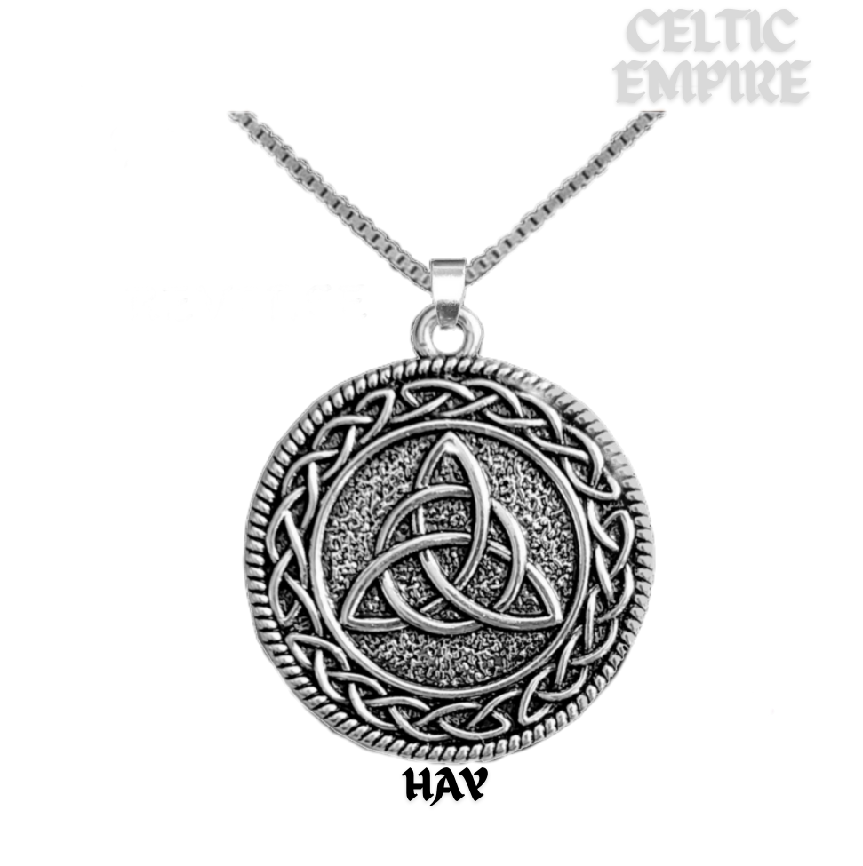 Hay Family Clan Crest Celtic Interlace Disk Pendant, Scottish Family Crest