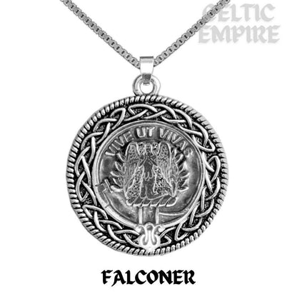 Falconer Family Clan Crest Celtic Interlace Disk Pendant, Scottish Family Crest