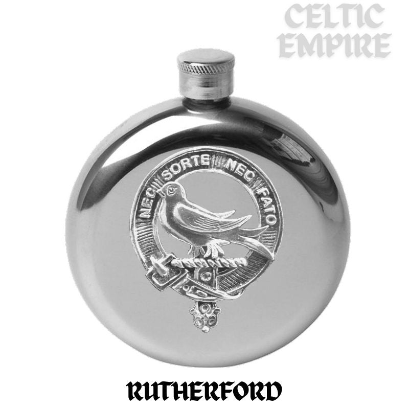 Rutherford 5 oz Round Family Clan Crest Scottish Badge Flask