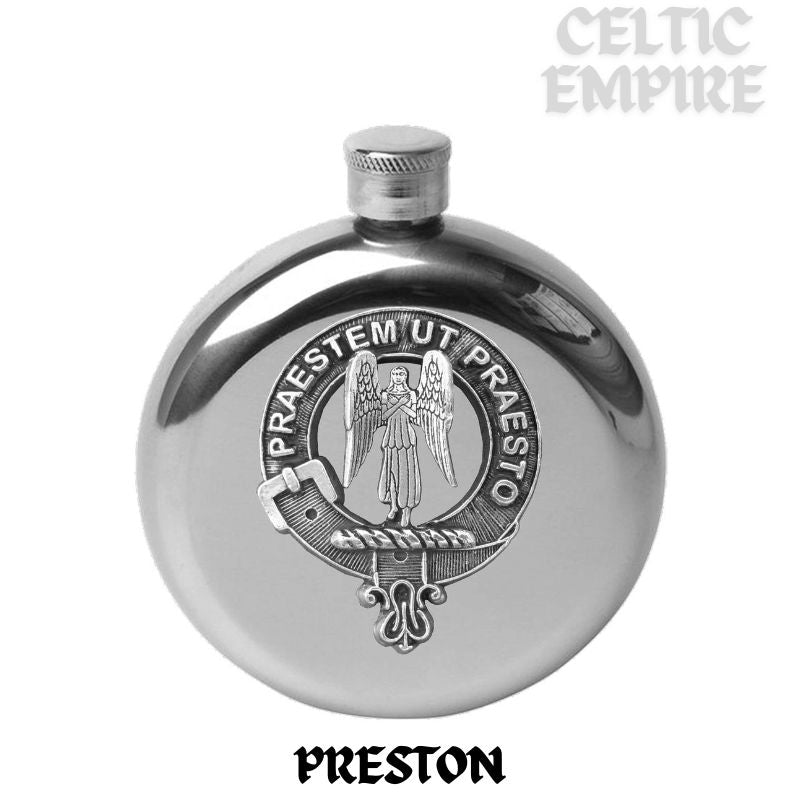 Preston 5 oz Round Family Clan Crest Scottish Badge Flask
