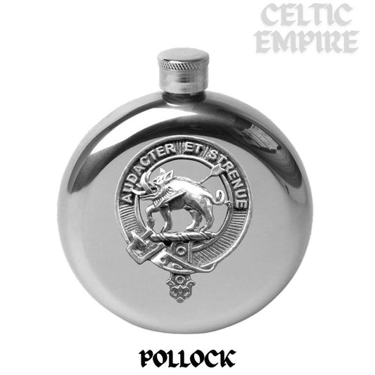 Pollock 5 oz Round Family Clan Crest Scottish Badge Flask