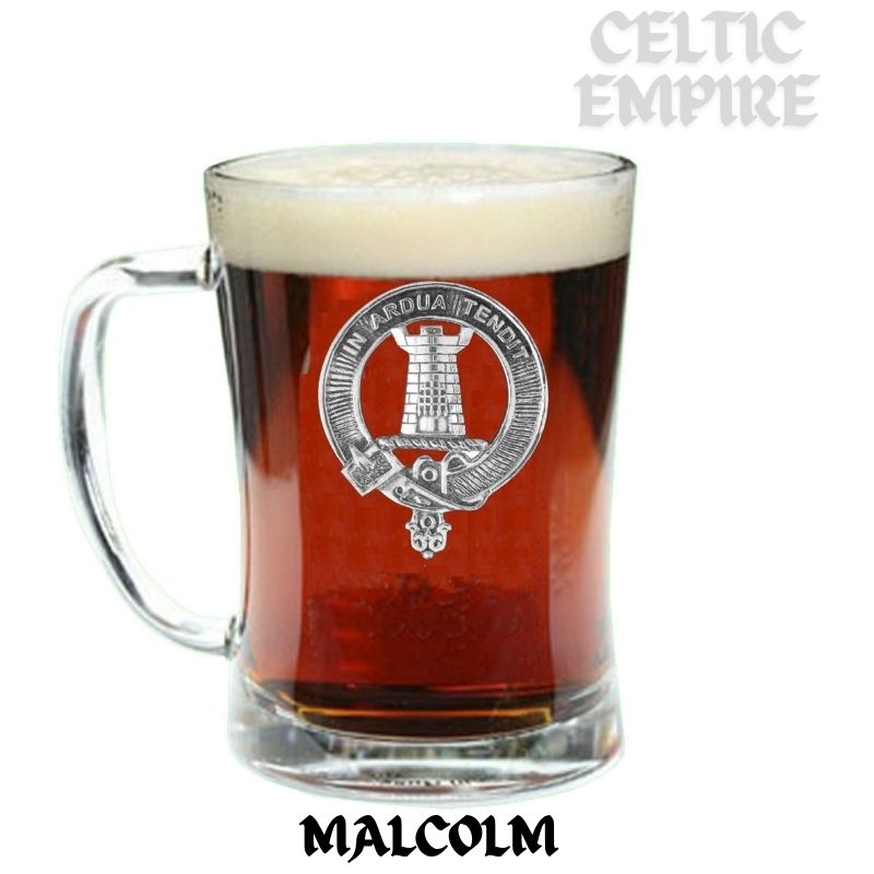 Malcolm Family Clan Crest Badge Glass Beer Mug