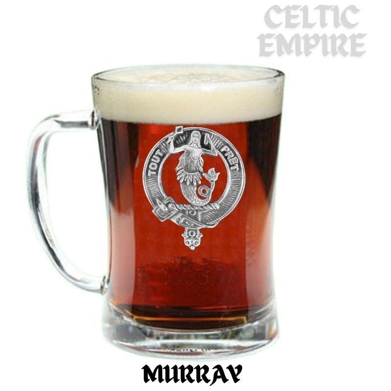 Murray Mermaid Family Clan Crest Badge Beer Mug, Scottish Glass Tankard
