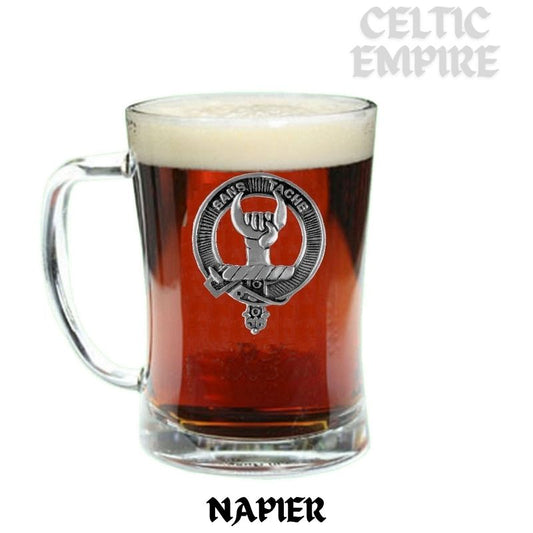 Napier Family Clan Crest Badge Beer Mug, Scottish Glass Tankard