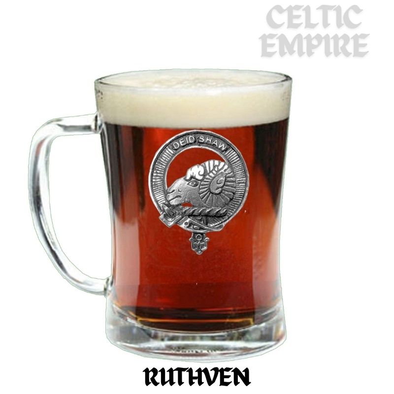 Ruthven Family Clan Crest Badge Glass Beer Mug