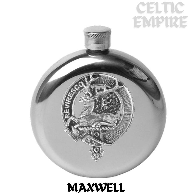 Maxwell 5oz Round Scottish Family Clan Crest Badge Stainless Steel Flask