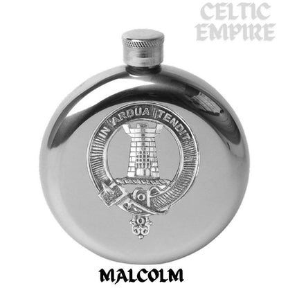 Malcolm 5oz Round Family Clan Crest Scottish Badge Flask
