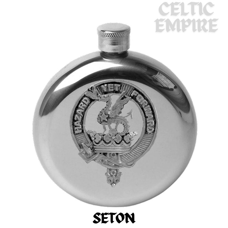Seton 5 oz Round Family Clan Crest Scottish Badge Flask