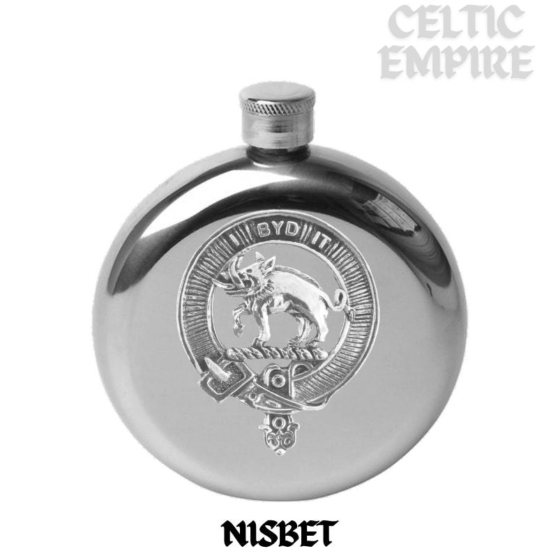 Nisbet 5 oz Round Family Clan Crest Scottish Badge Flask