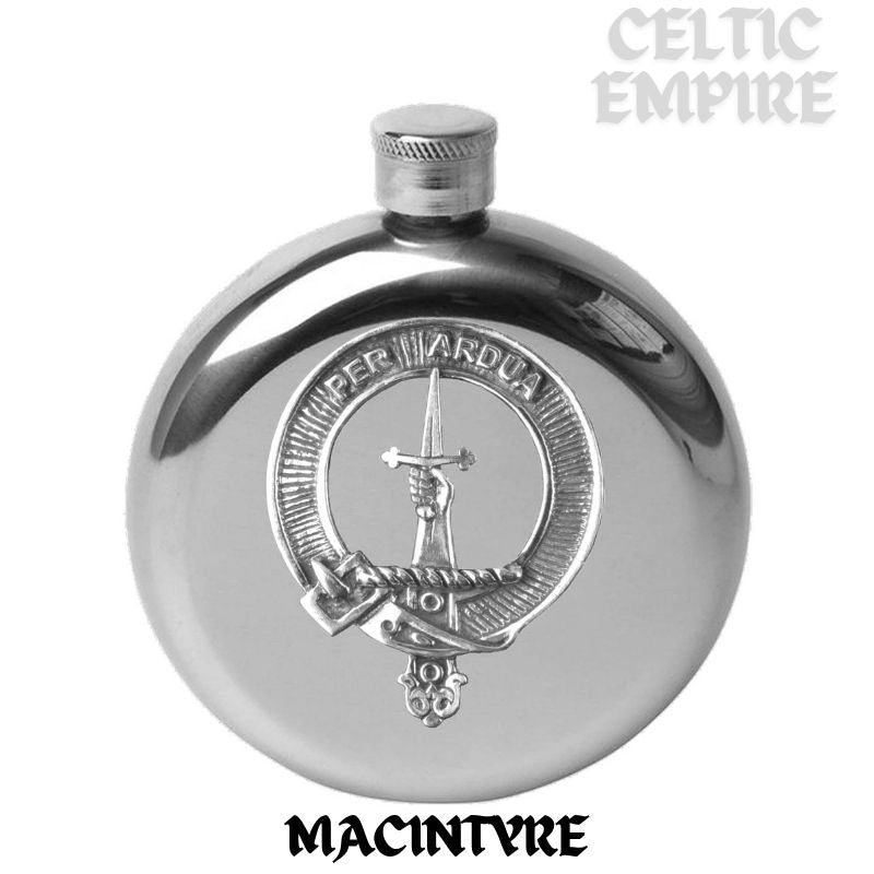 MacIntyre 5oz Round Scottish Family Clan Crest Badge Stainless Steel Flask