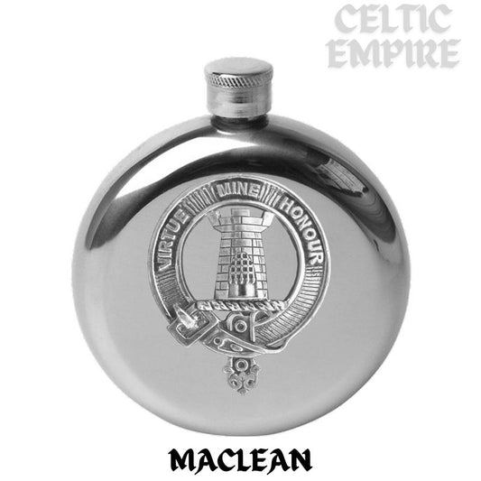 MacLean 5oz Round Scottish Family Clan Crest Badge Stainless Steel Flask