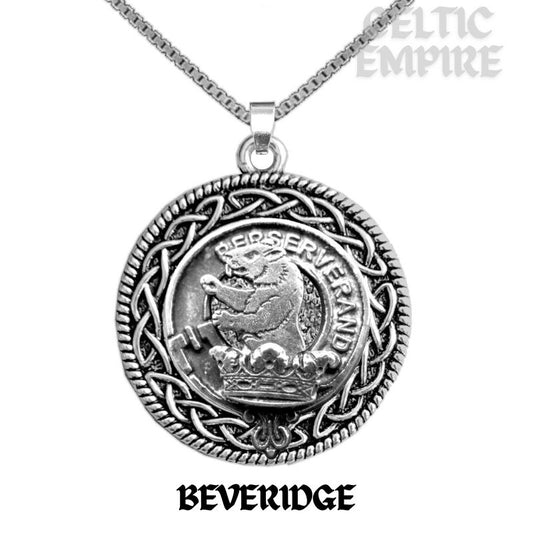 Beveridge Family Clan Crest Celtic Interlace Disk Pendant, Scottish Family Crest