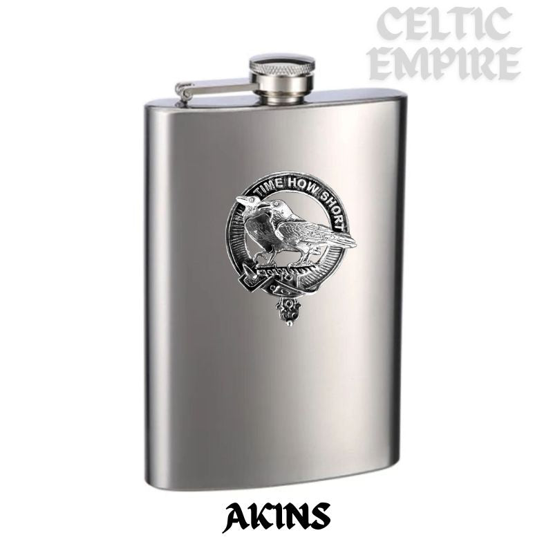 Akins Family Clan Crest Scottish Badge Stainless Steel Flask 8oz