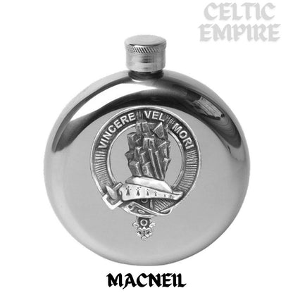 MacNeil 5oz Round Family Clan Crest Scottish Badge Flask