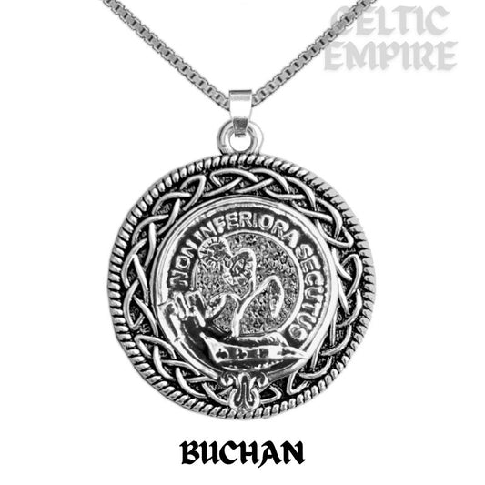 Buchan Family Clan Crest Celtic Interlace Disk Pendant, Scottish Family Crest