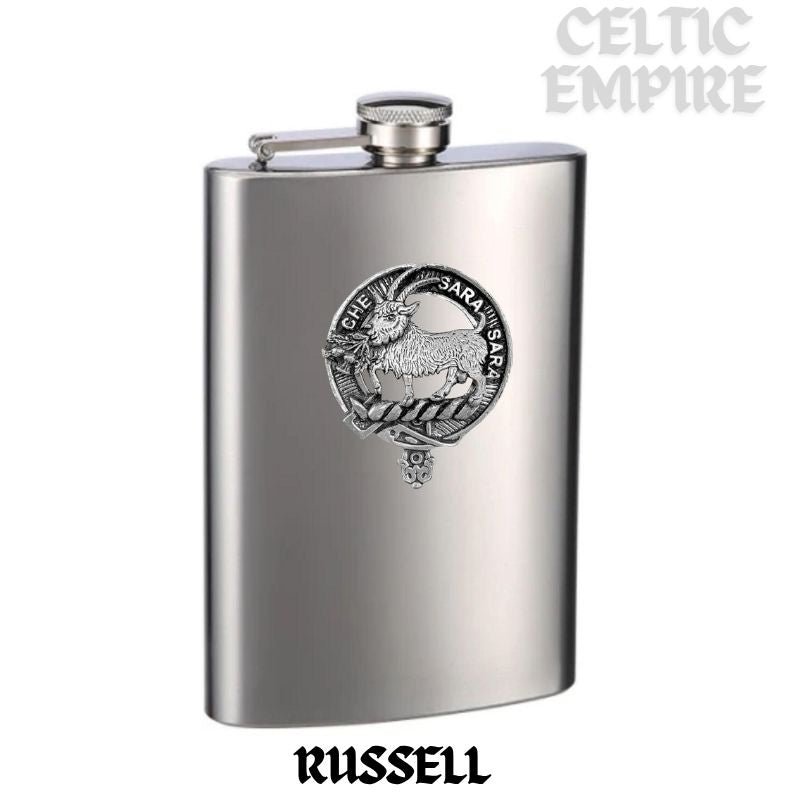 Russell (Goat) 8oz Family Clan Crest Scottish Badge Stainless Steel Flask