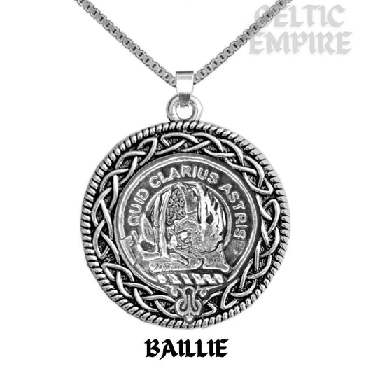 Baillie Family Clan Crest Celtic Interlace Disk Pendant, Scottish Family Crest