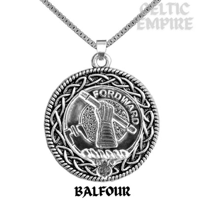 Balfour Family Clan Crest Celtic Interlace Disk Pendant, Scottish Family Crest