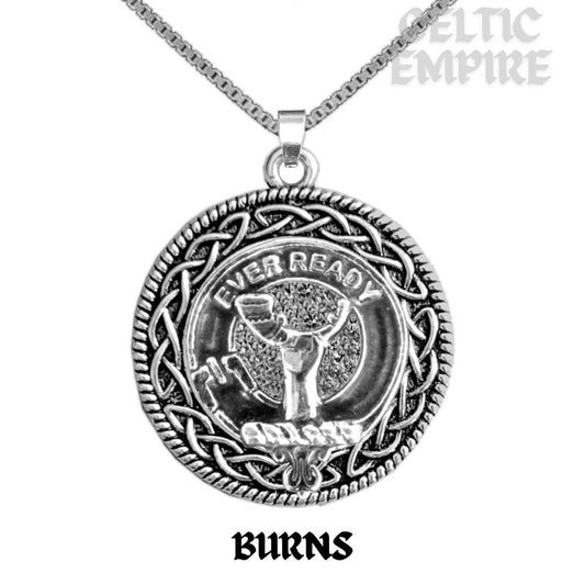 Burns Family Clan Crest Celtic Interlace Disk Pendant, Scottish Family Crest