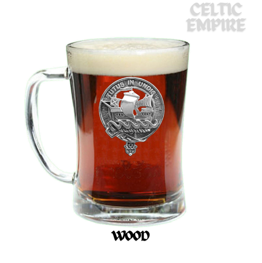 Wood Family Clan Crest Badge Glass Beer Mug